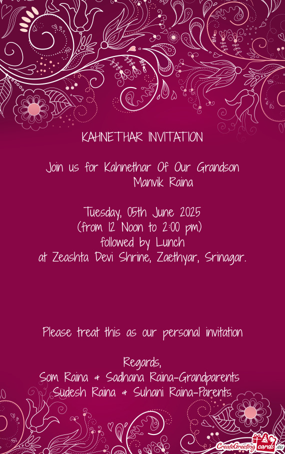 Join us for Kahnethar Of Our Grandson