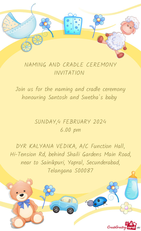 Join us for the naming and cradle ceremony honouring Santosh and Swetha