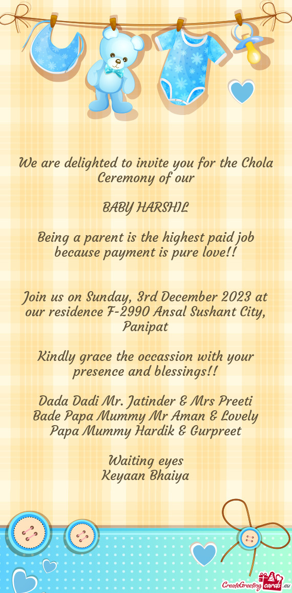 Join us on Sunday, 3rd December 2023 at our residence F-2990 Ansal Sushant City, Panipat