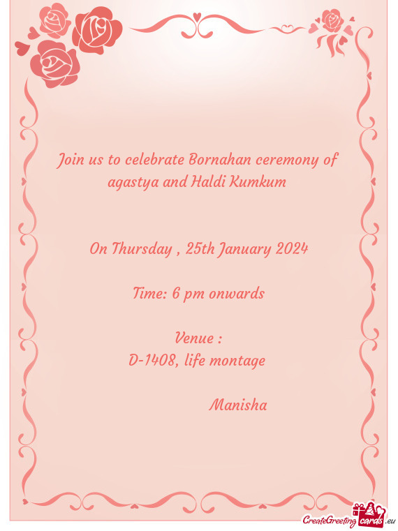 Join us to celebrate Bornahan ceremony of agastya and Haldi Kumkum