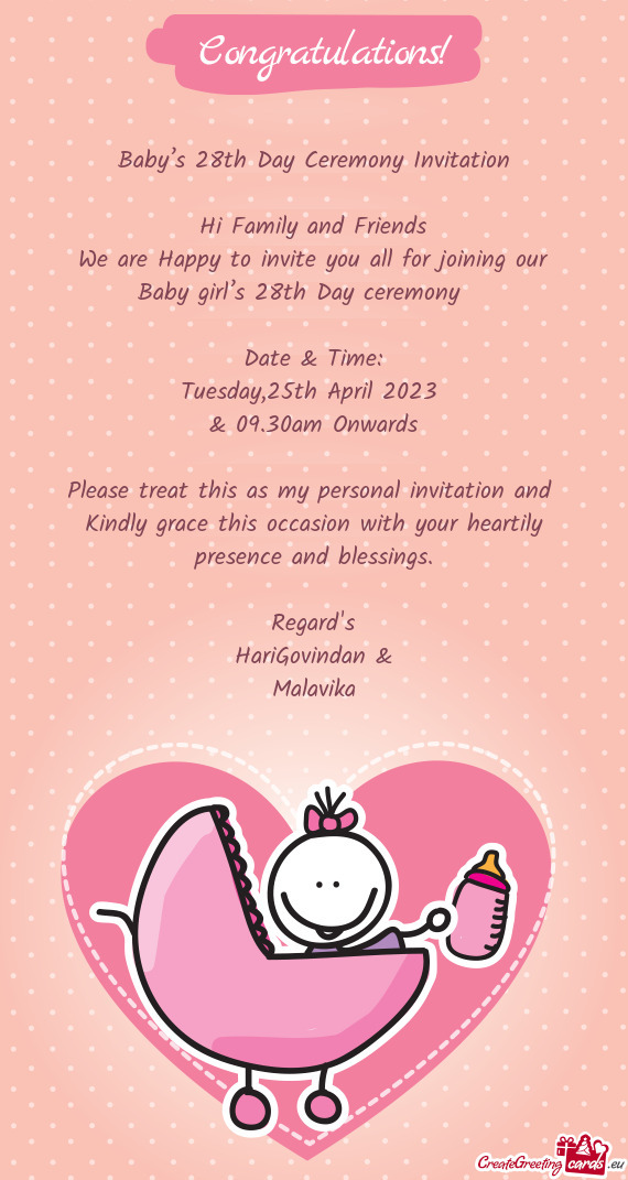 Joining our Baby girl’s 28th Day ceremony  Date & Time