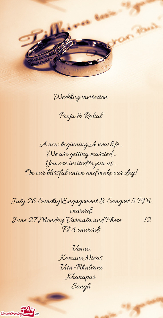July 26 Sunday|Engagement & Sangeet 5 PM onwards