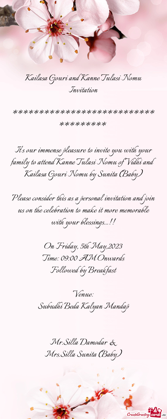 Kailasa Gouri and Kanne Tulasi Nomu Invitation