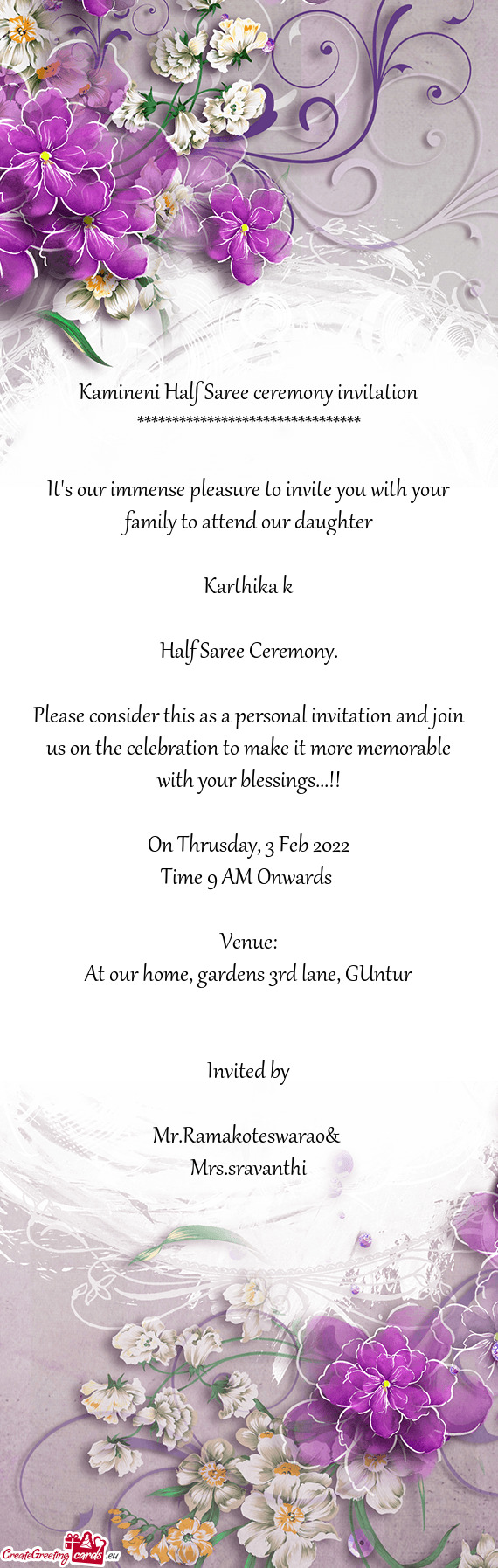 Kamineni Half Saree ceremony invitation