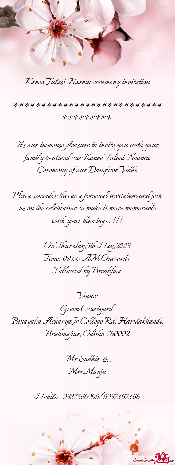 Kanee Tulasi Noamu ceremony invitation
