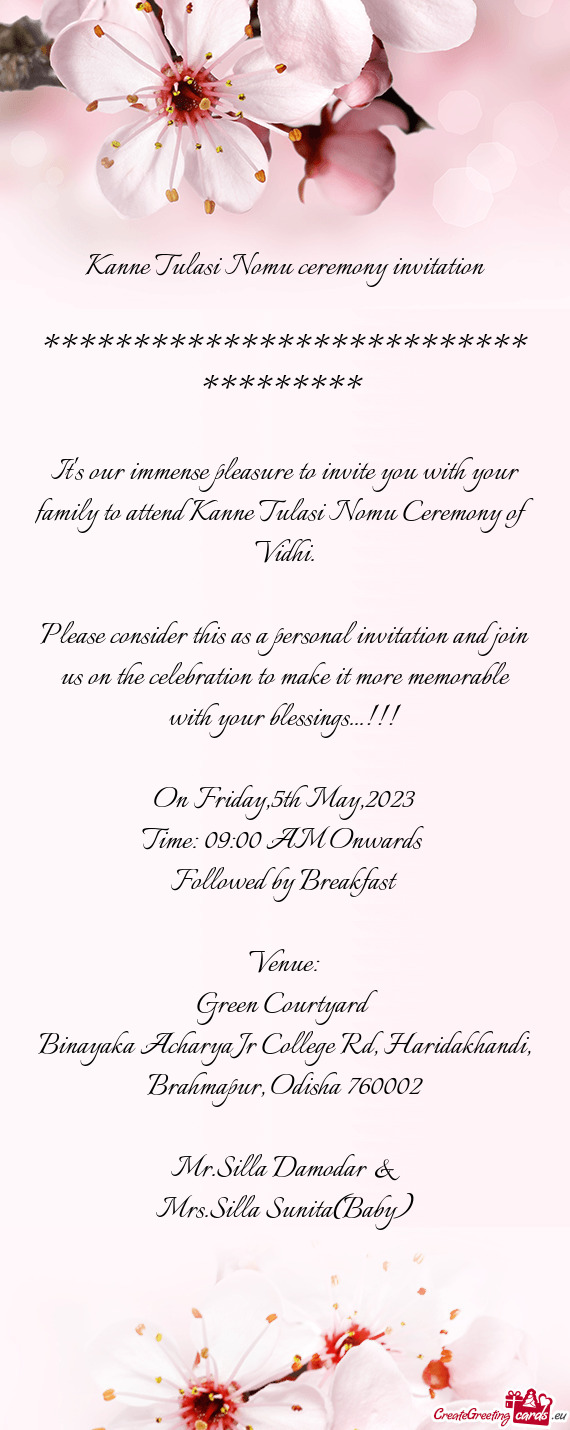 Kanne Tulasi Nomu ceremony invitation