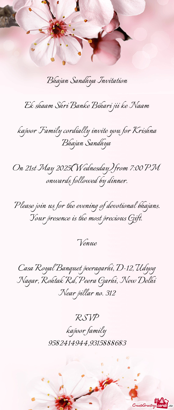 Kapoor Family cordially invite you for Krishna Bhajan Sandhya