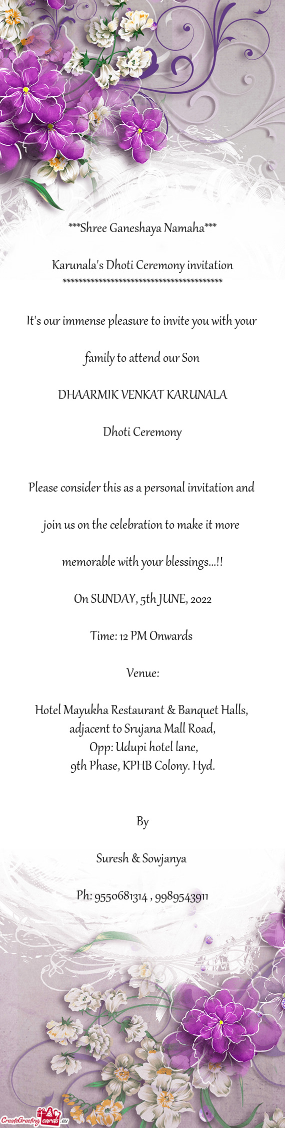 Karunala's Dhoti Ceremony invitation