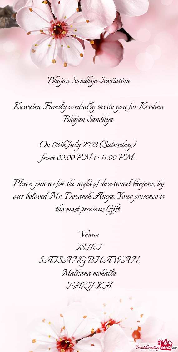 Kawatra Family cordially invite you for Krishna Bhajan Sandhya