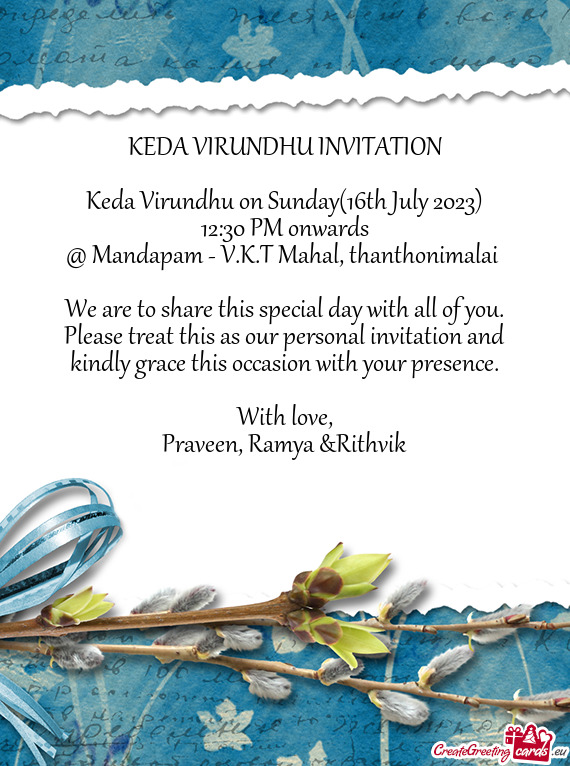 Keda Virundhu on Sunday(16th July 2023)