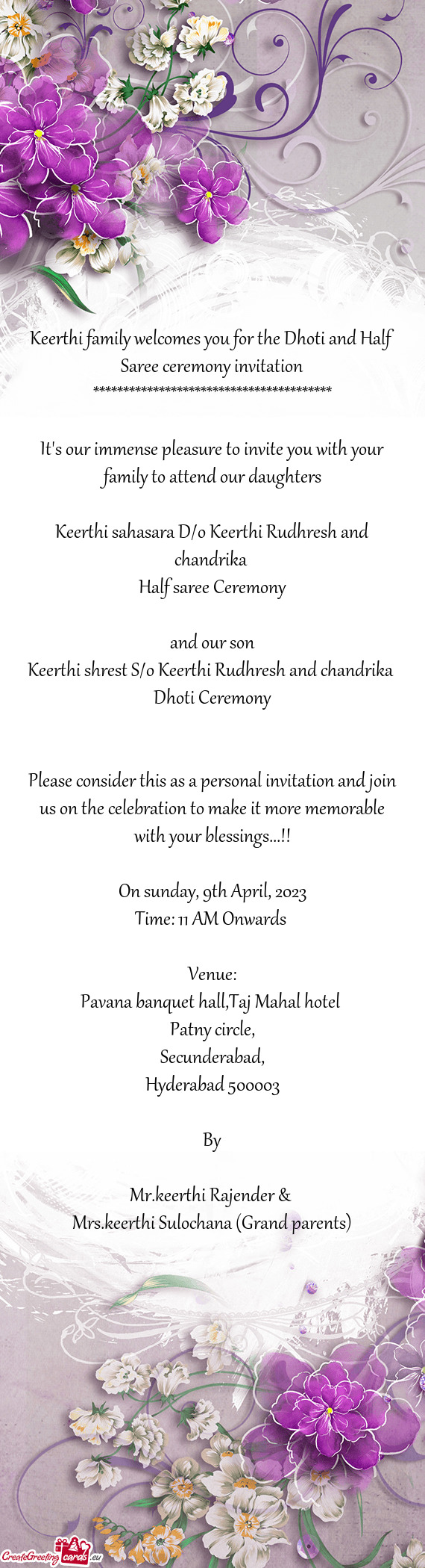 Keerthi family welcomes you for the Dhoti and Half Saree ceremony invitation