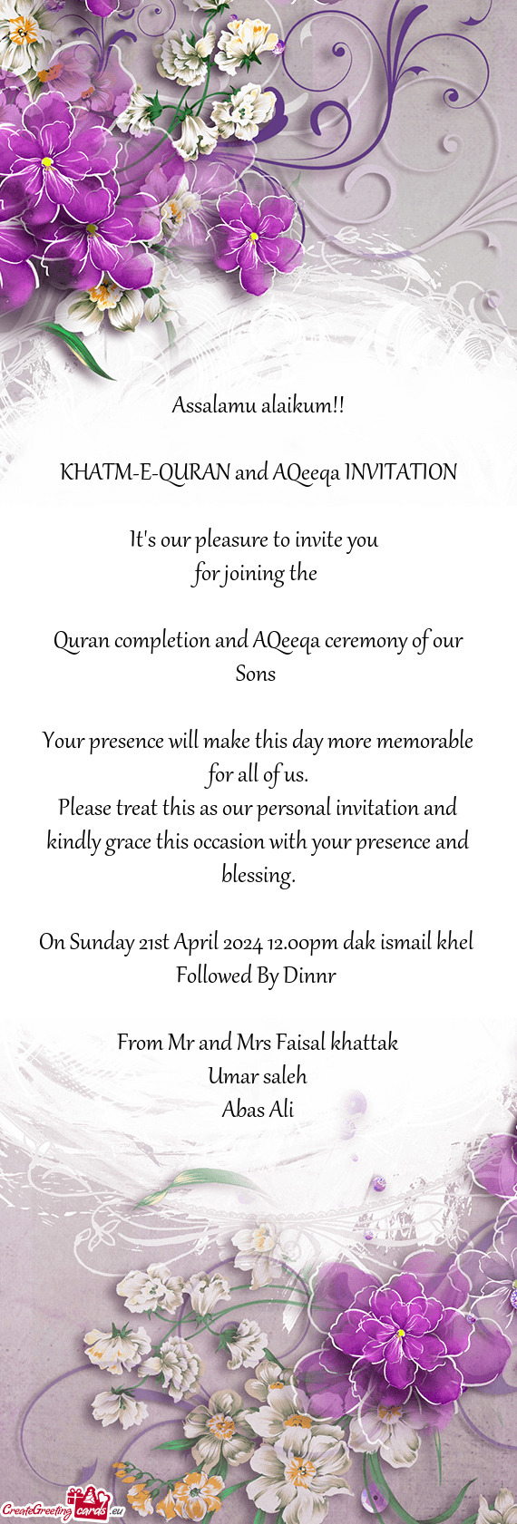 KHATM-E-QURAN and AQeeqa INVITATION