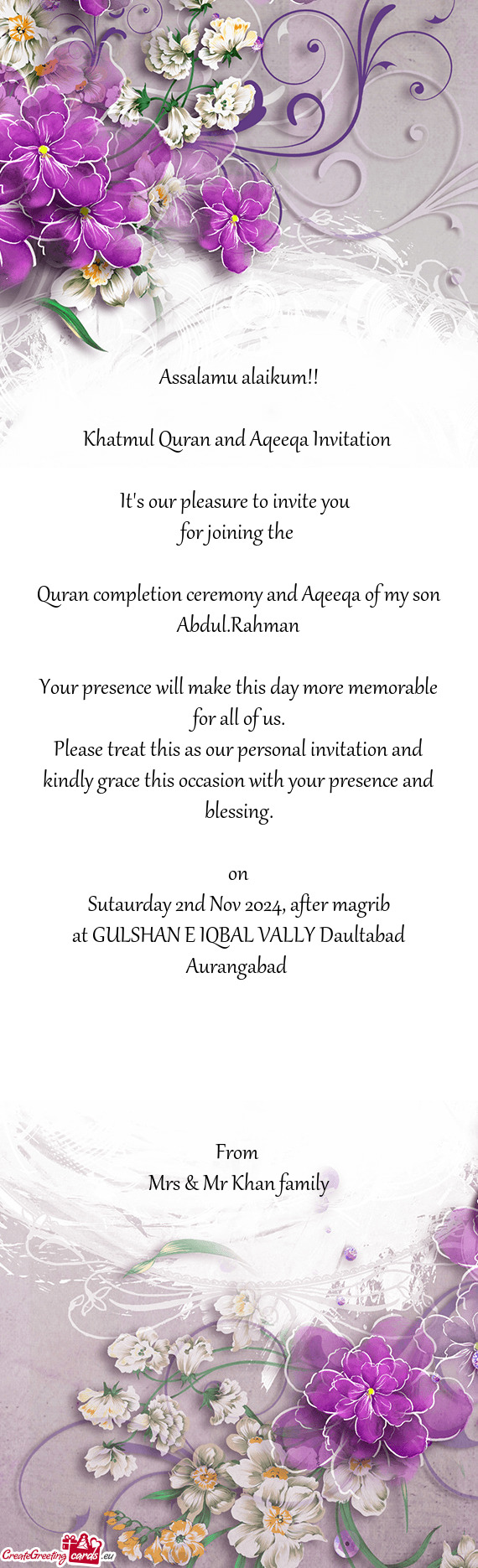 Khatmul Quran and Aqeeqa Invitation