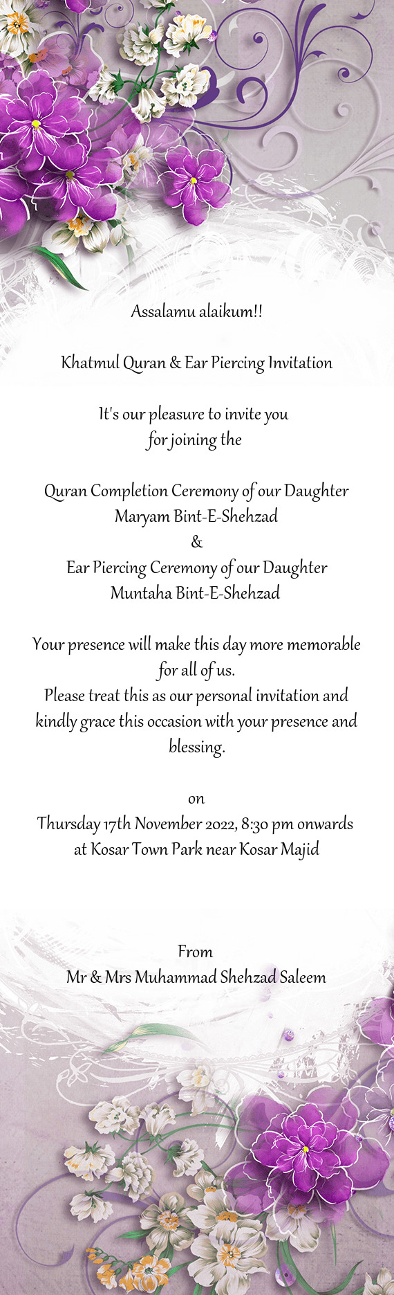 Khatmul Quran & Ear Piercing Invitation