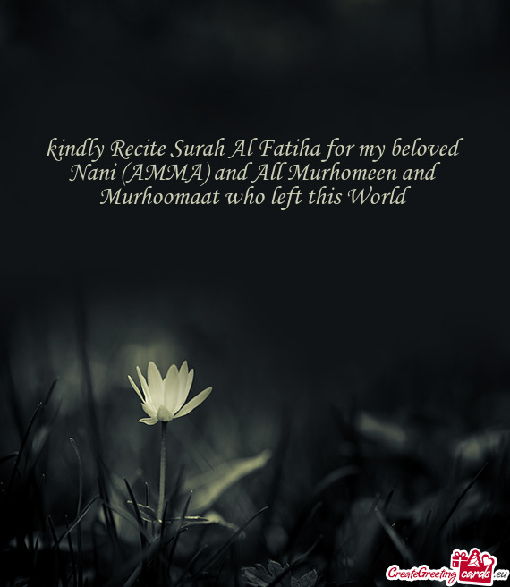Kindly Recite Surah Al Fatiha for my beloved Nani (AMMA) and All Murhomeen and Murhoomaat who left t