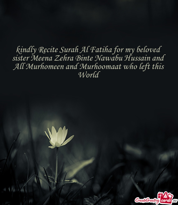 Kindly Recite Surah Al Fatiha for my beloved sister Meena Zehra Binte Nawabu Hussain and All Murhome