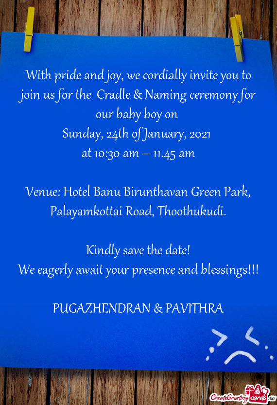 Kindly save the date! We eagerly await your presence and blessings!!!  PUGAZHENDRAN & PAVITHR