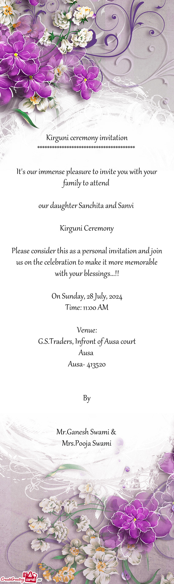 Kirguni ceremony invitation