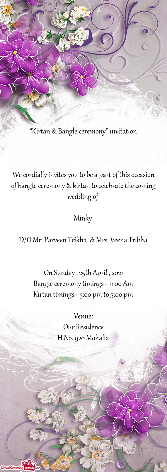 ??Kirtan & Bangle ceremony’’ invitation