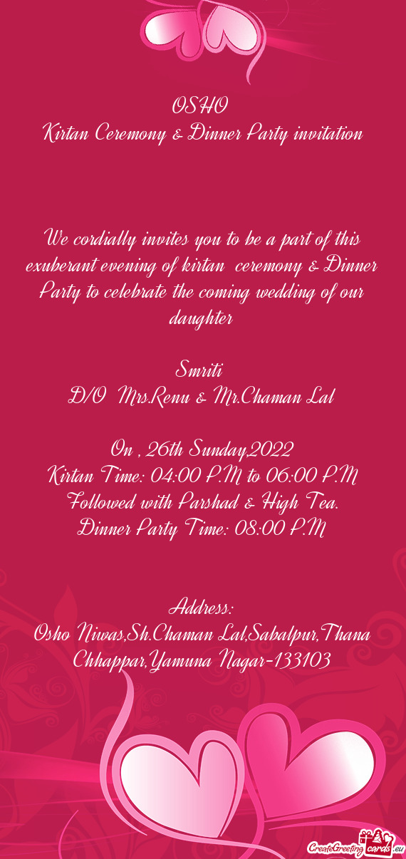 Kirtan Ceremony & Dinner Party invitation