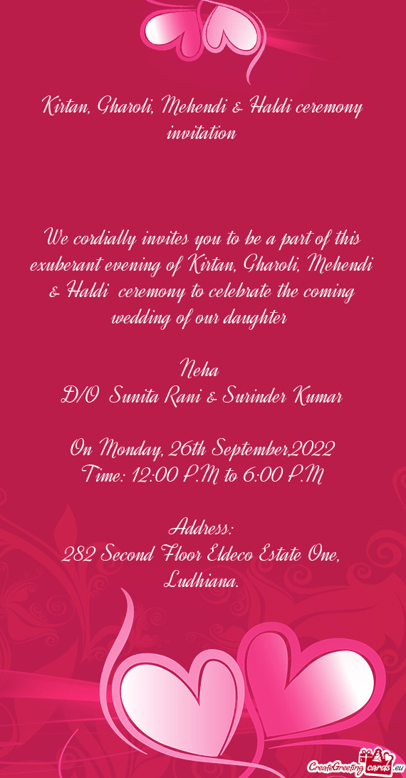 Kirtan, Gharoli, Mehendi & Haldi ceremony invitation