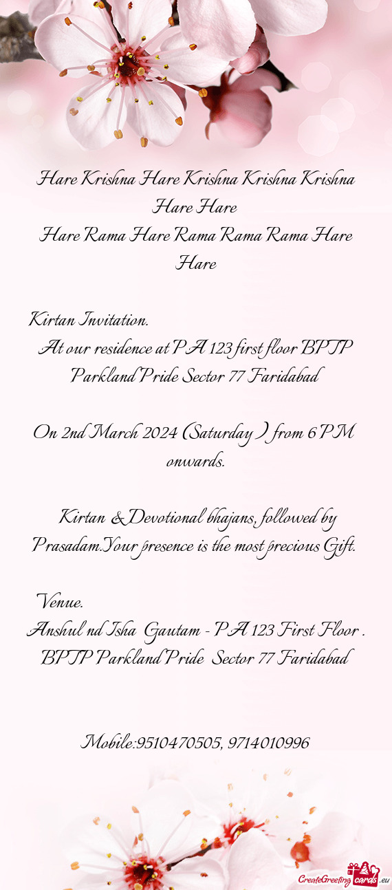 Kirtan Invitation.              At our residence at PA 123 fi