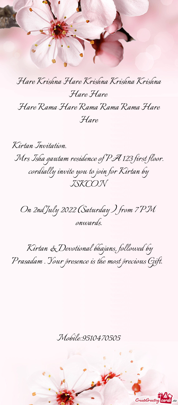 Kirtan Invitation.              Mrs Isha gautam residence of