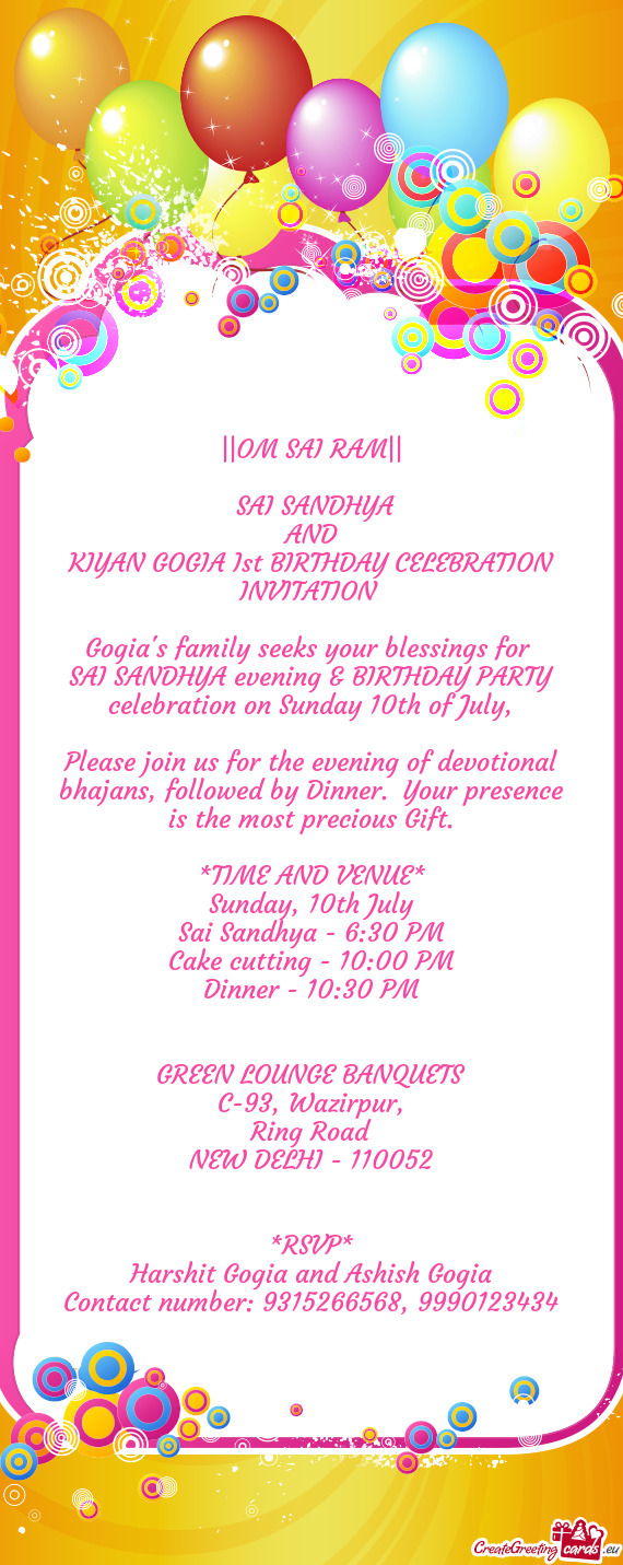 KIYAN GOGIA Ist BIRTHDAY CELEBRATION INVITATION