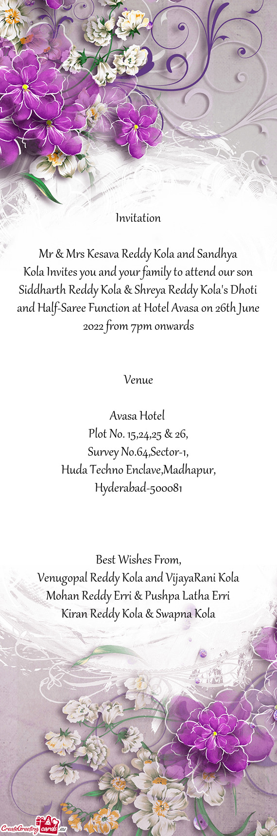 Kola Invites you and your family to attend our son Siddharth Reddy Kola & Shreya Reddy Kola