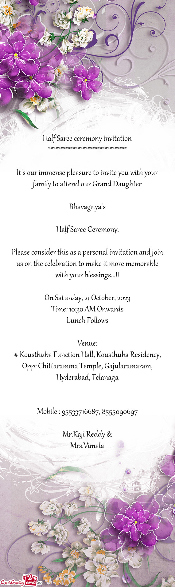 # Kousthuba Function Hall, Kousthuba Residency, Opp: Chittaramma Temple, Gajularamaram, Hyderabad, T