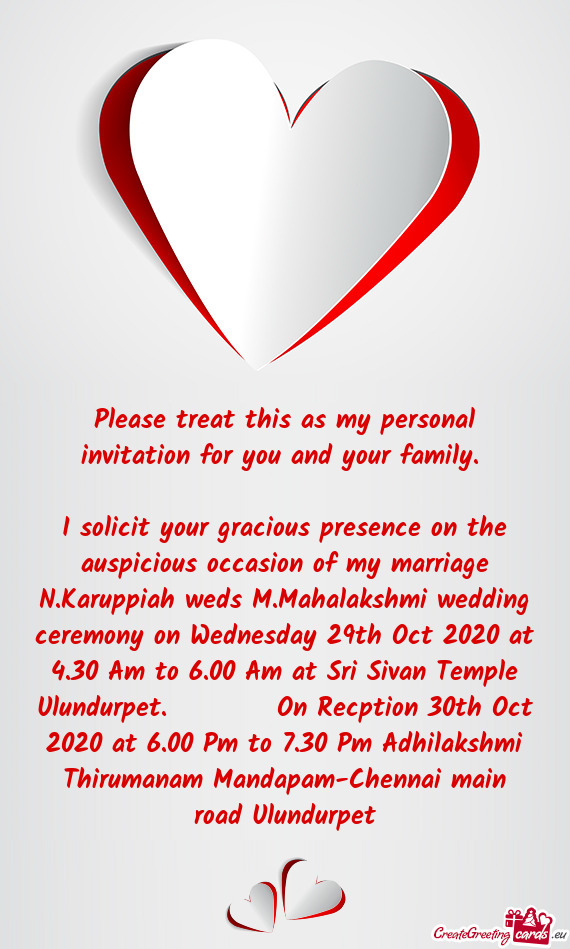 Kshmi wedding ceremony on Wednesday 29th Oct 2020 at 4.30 Am to 6.00 Am at Sri Sivan Temple Ulundurp