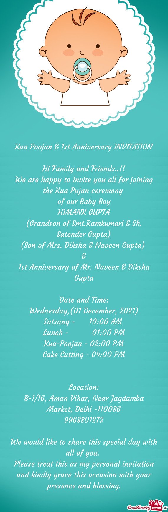 Kua Poojan & 1st Anniversary INVITATION
