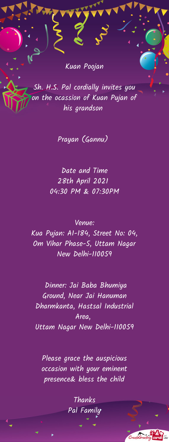 Kua Pujan: A1-184, Street No: 04, Om Vihar Phase-5, Uttam Nagar New Delhi-110059