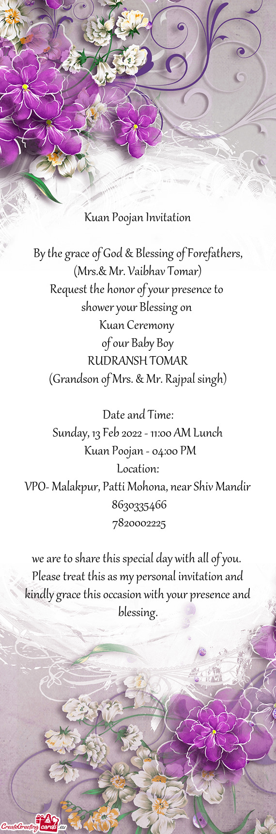 Kuan Poojan Invitation
 
 By the grace of God & Blessing of Forefathers