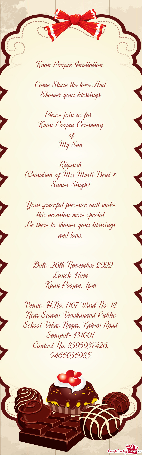 Kuan Poojan Invitation  Come Share the love And Shower your blessings Please join us for K