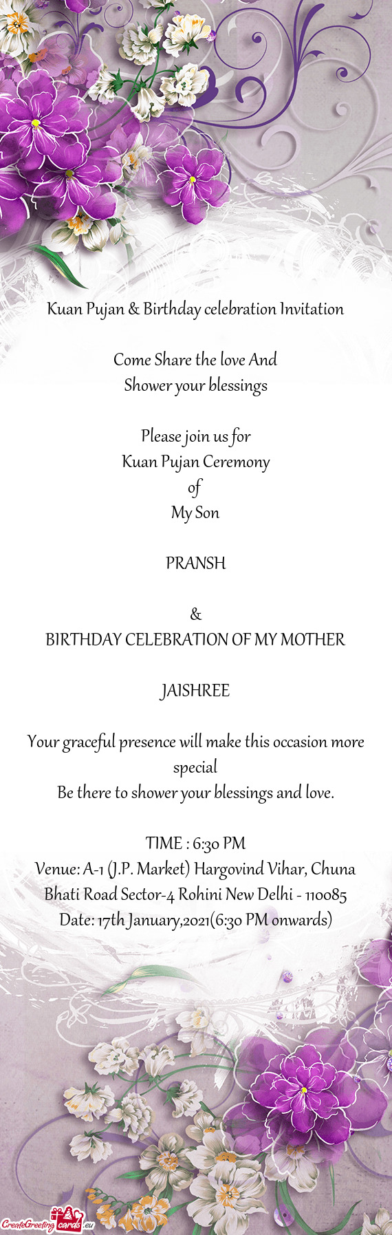 Kuan Pujan & Birthday celebration Invitation