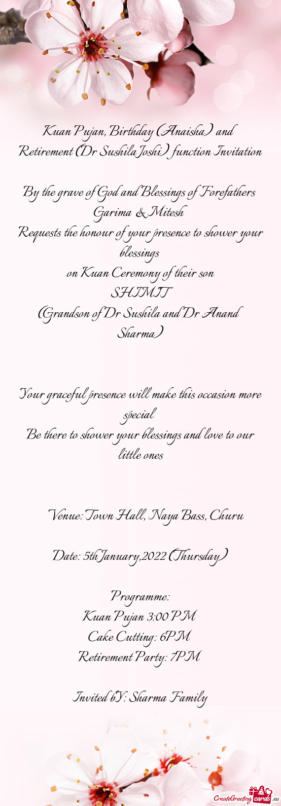 Kuan Pujan, Birthday (Anaisha) and Retirement (Dr Sushila Joshi) function Invitation