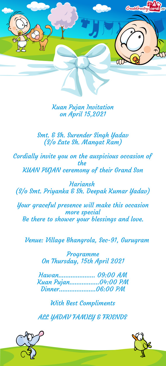 Kuan Pujan Invitation  on April 15,2021      Smt. & Sh.