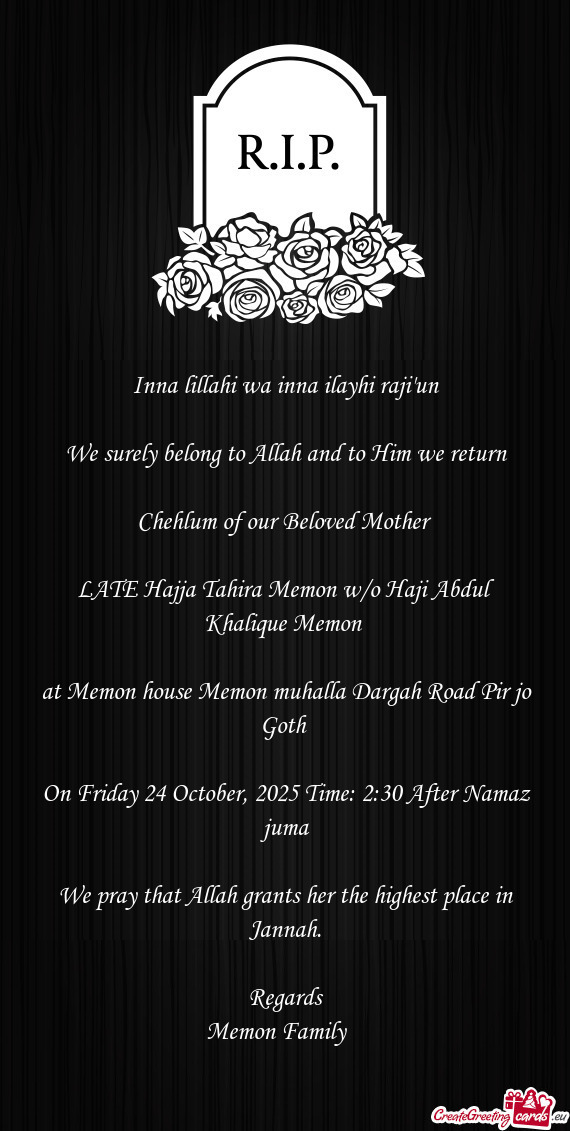 LATE Hajja Tahira Memon w/o Haji Abdul Khalique Memon