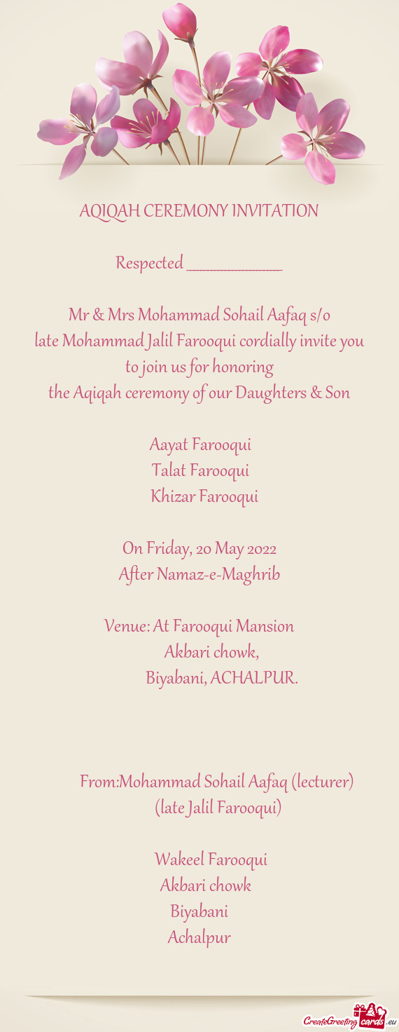 Late Mohammad Jalil Farooqui cordially invite you