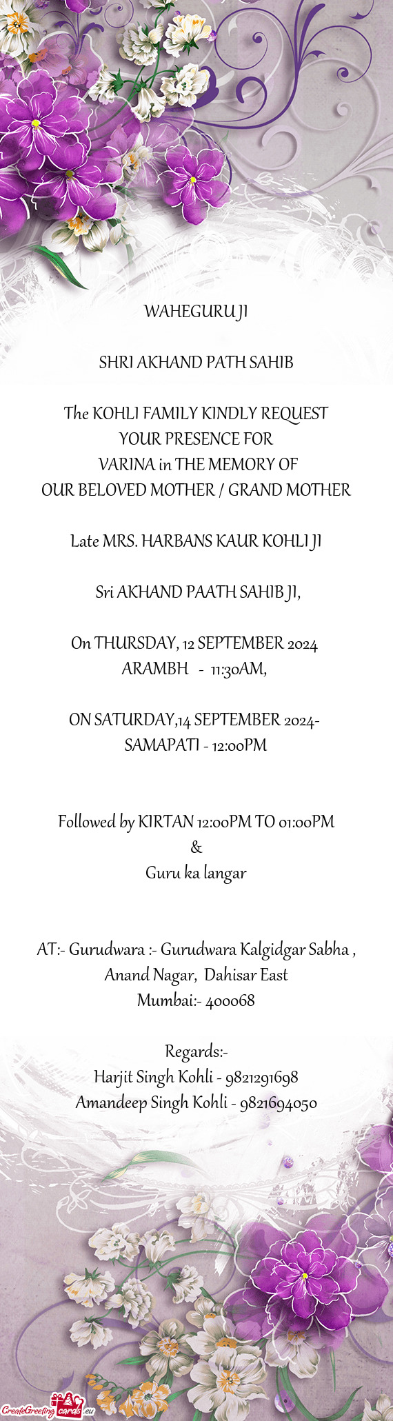 Late MRS. HARBANS KAUR KOHLI JI