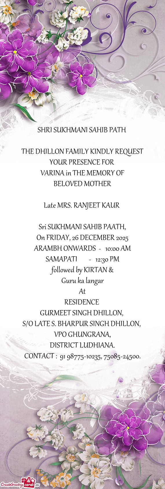 Late MRS. RANJEET KAUR