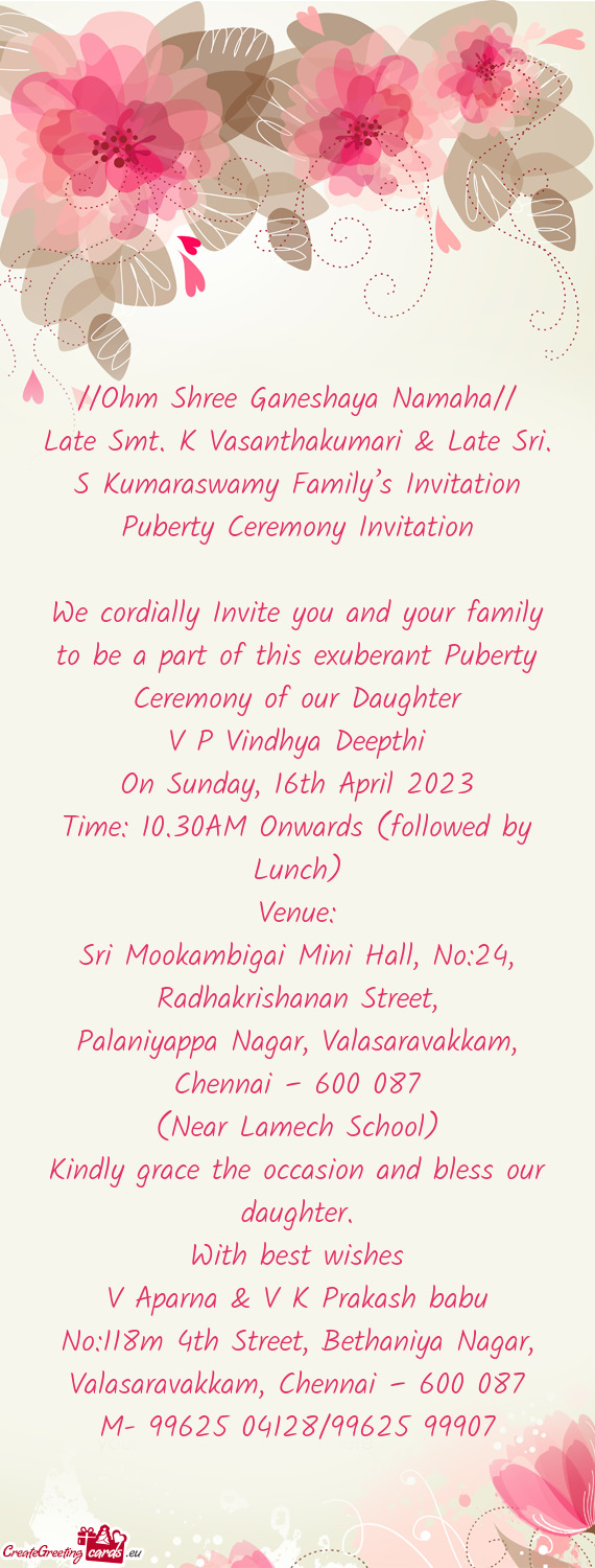 Late Smt. K Vasanthakumari & Late Sri. S Kumaraswamy Family’s Invitation