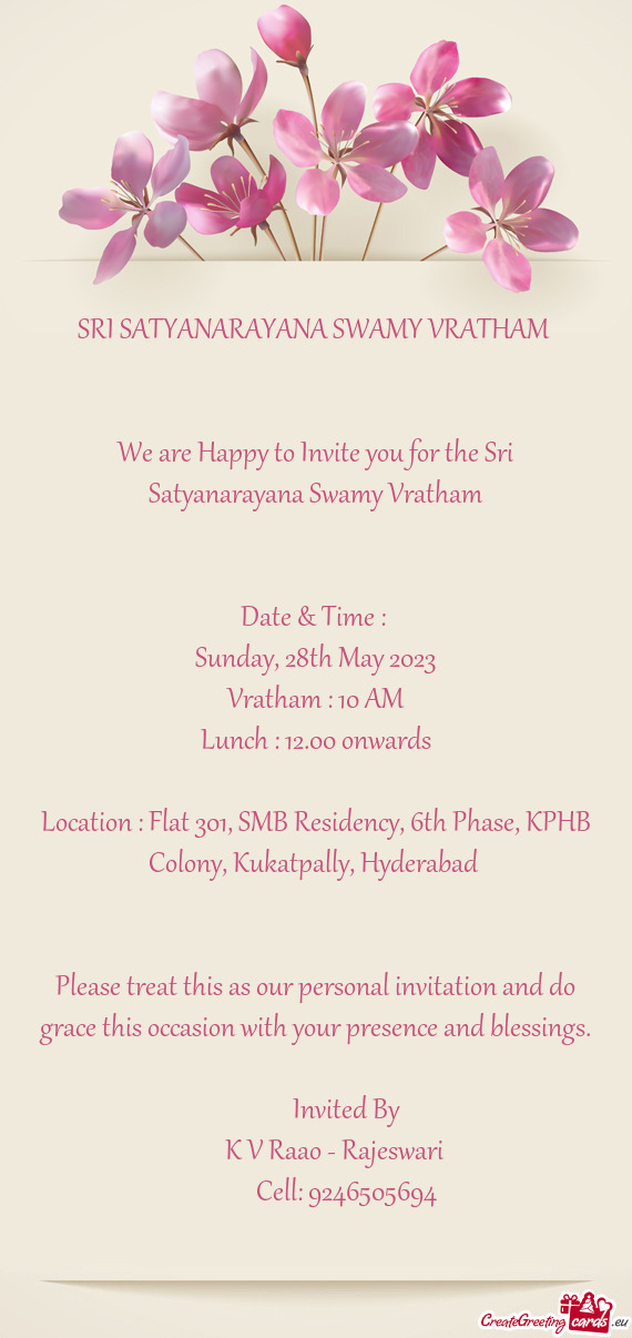 Location : Flat 301, SMB Residency, 6th Phase, KPHB Colony, Kukatpally, Hyderabad