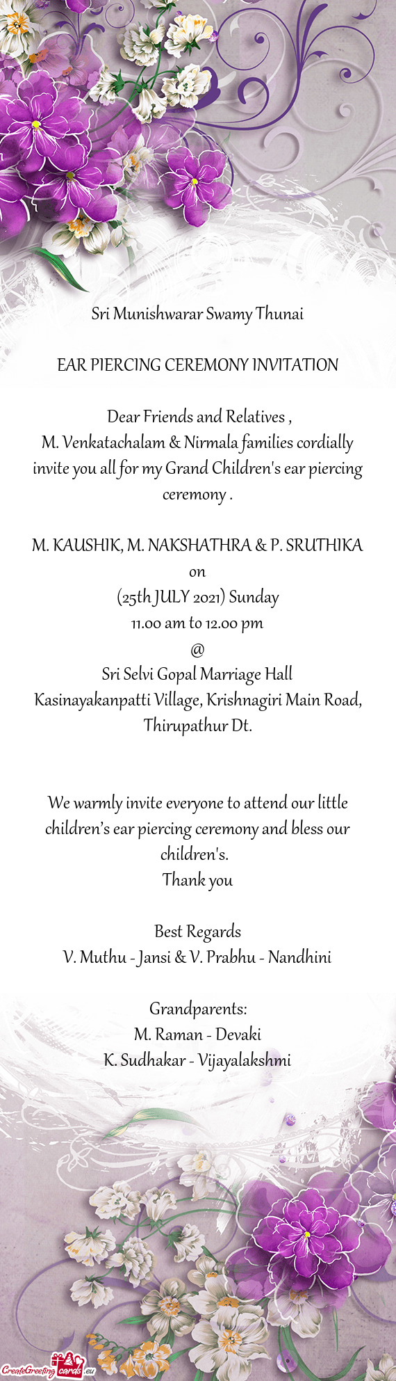 M. Venkatachalam & Nirmala families cordially invite you all for my Grand Children