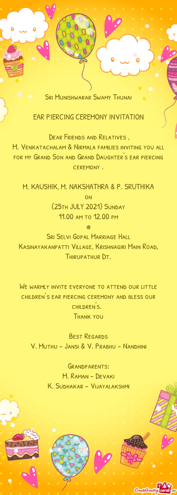 M. Venkatachalam & Nirmala families inviting you all for my Grand Son and Grand Daughter