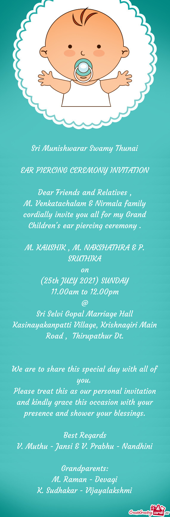 M. Venkatachalam & Nirmala family cordially invite you all for my Grand Children
