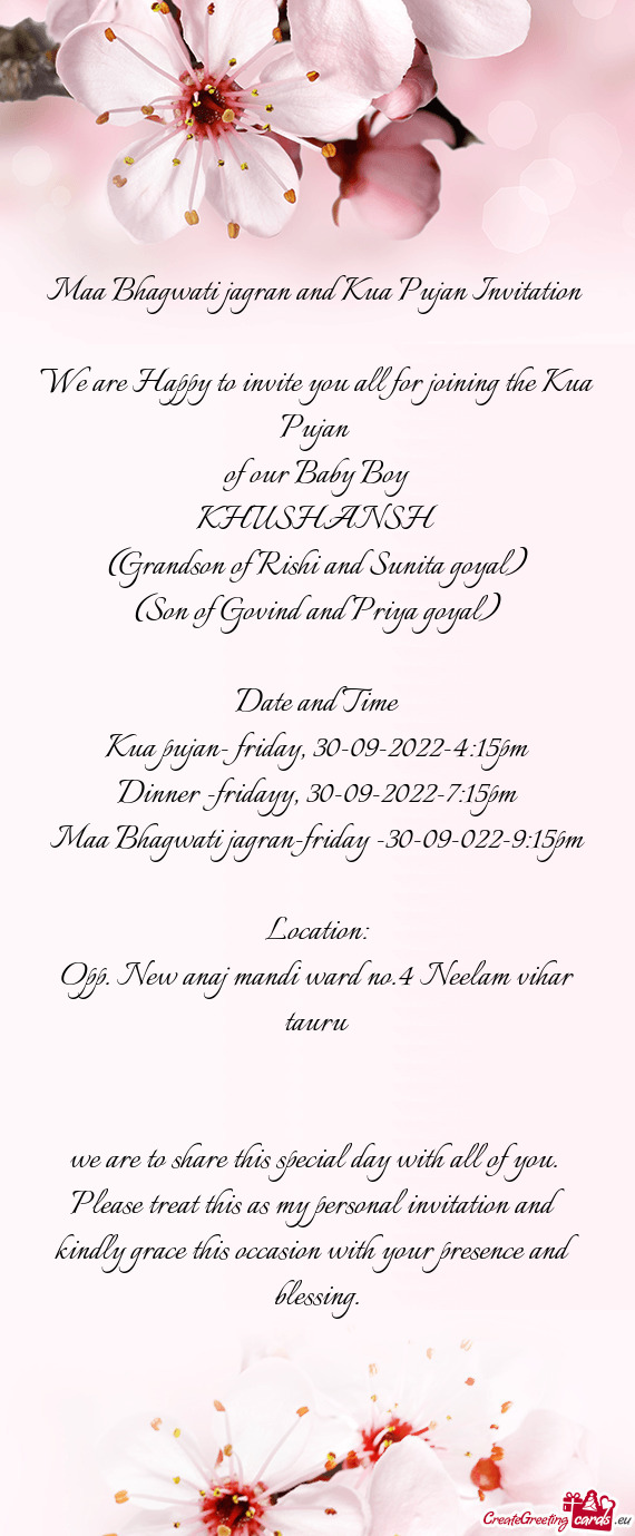 Maa Bhagwati jagran and Kua Pujan Invitation