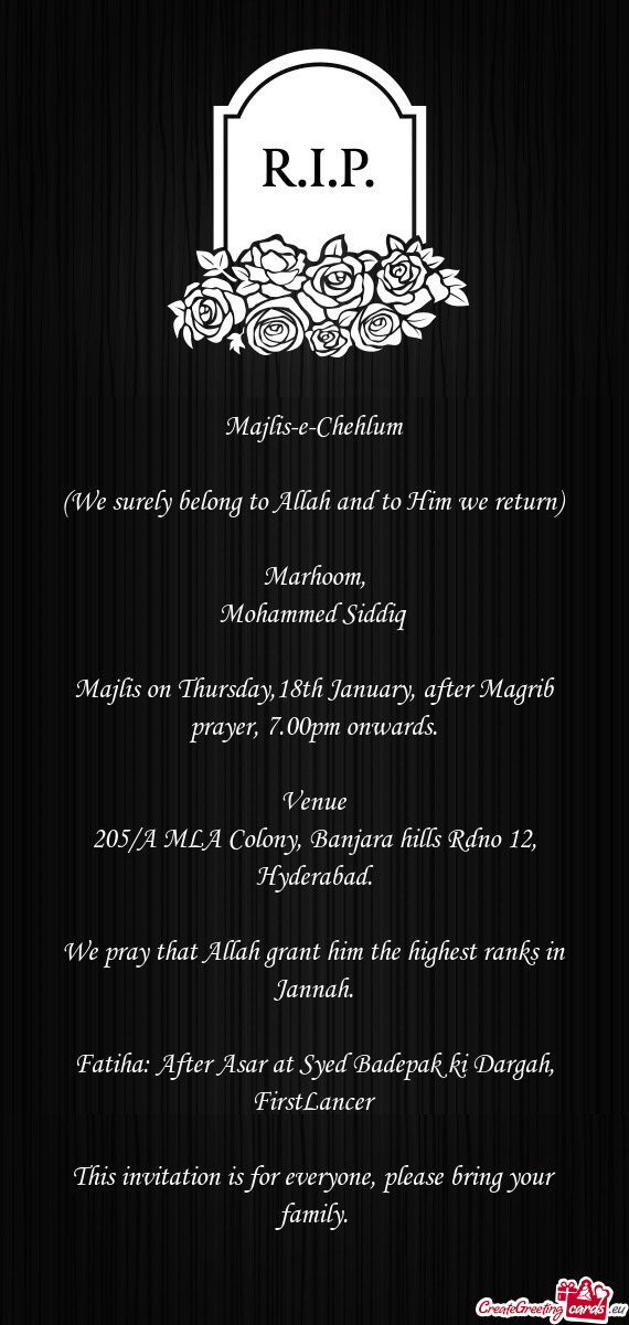 Majlis on Thursday,18th January, after Magrib prayer, 7.00pm onwards