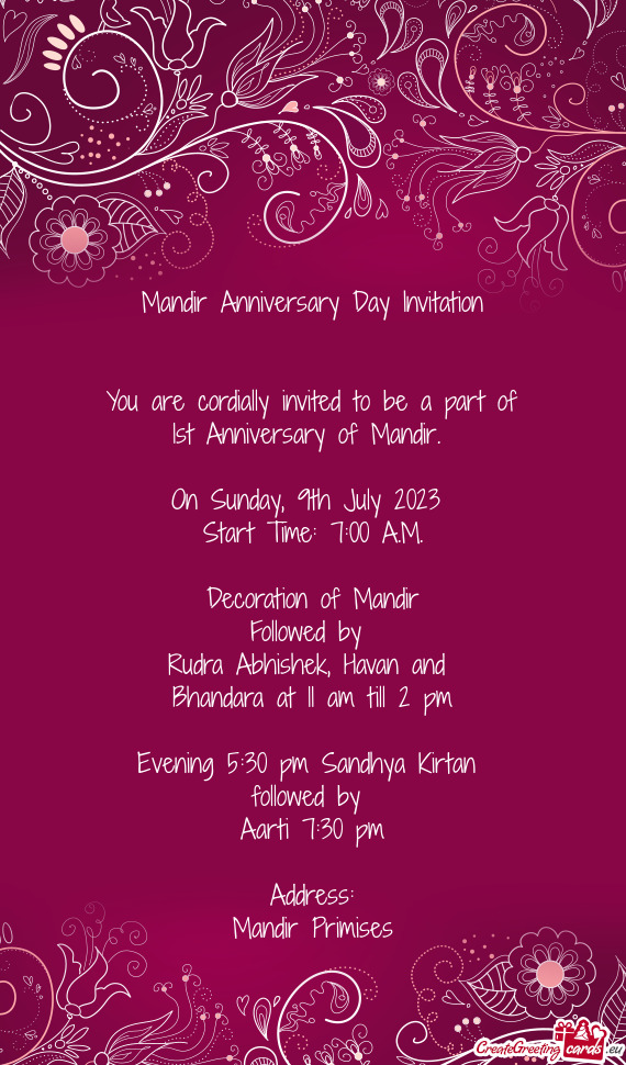 Mandir Anniversary Day Invitation